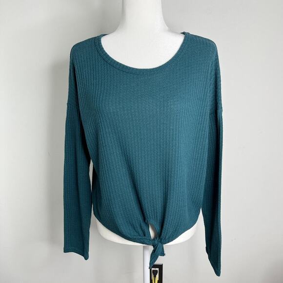 Caution to the Wind Women's Waffle Knit Top Size M Green Long Sleeve Tie Front - Picture 2 of 7